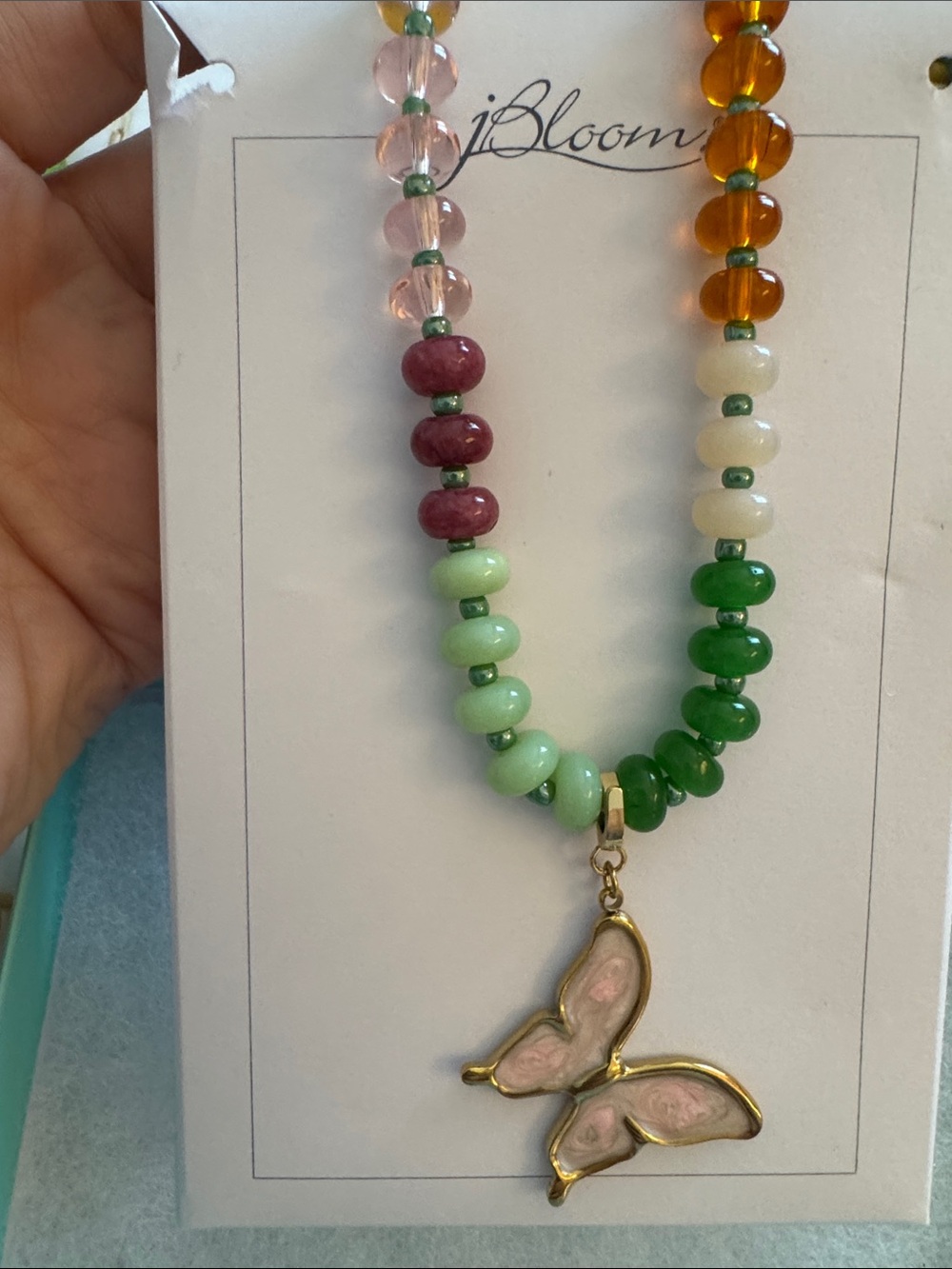 bloom Multicolor Beaded Necklace with Pink Butterfly Pendant Fashion Jewelry